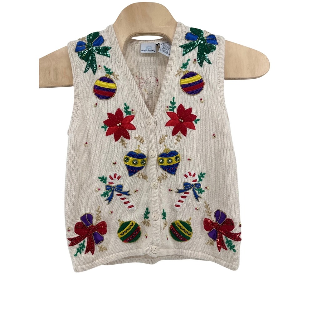 VTG Bobbie Brooks 315 Christmas Sweater Vest M Ramie‎ Cotton Sequin Kitsch Core